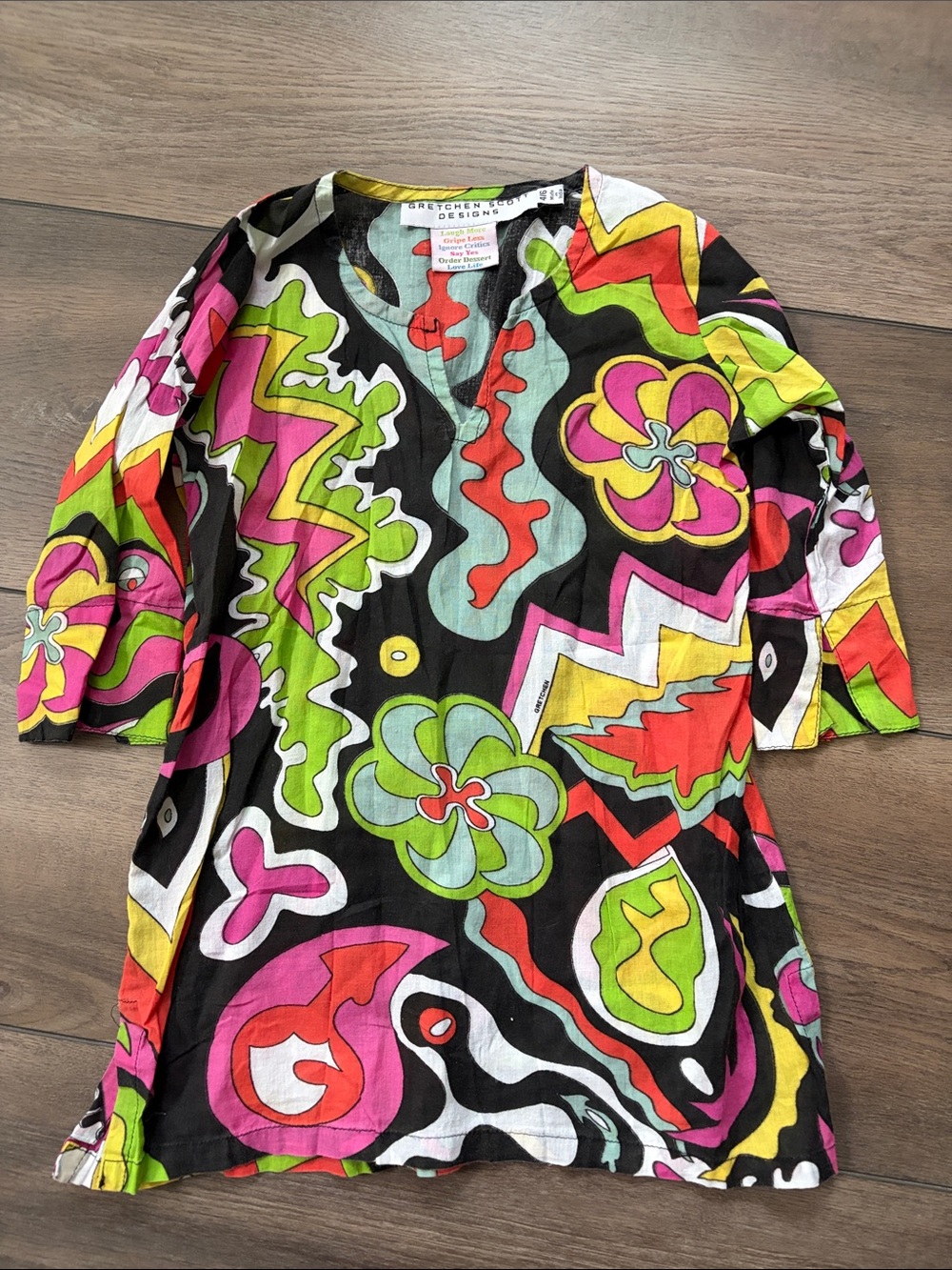 Gretchen Scott Designs Black Tunic with Red, Lime & Aqua Psychedelic Print 4-6
